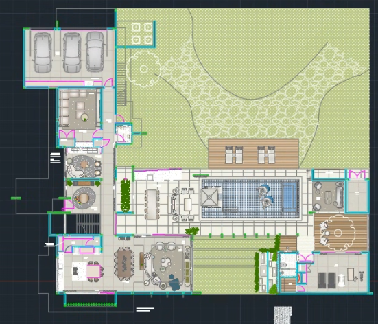 First-floor orientation plan showing the social rooms, courtyard, pool and garden
